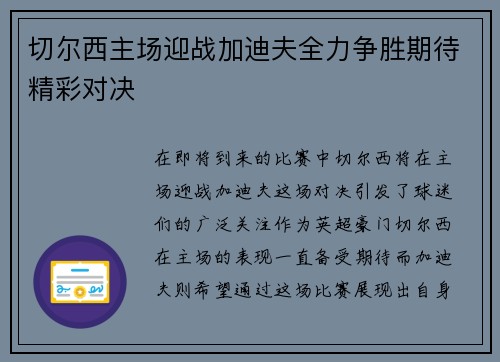 切尔西主场迎战加迪夫全力争胜期待精彩对决
